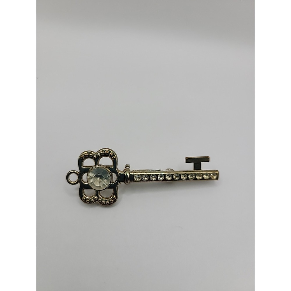 Vintage Rhinestone Key Brooch Gold Tone Skeleton Key Pin Crystals Elegant